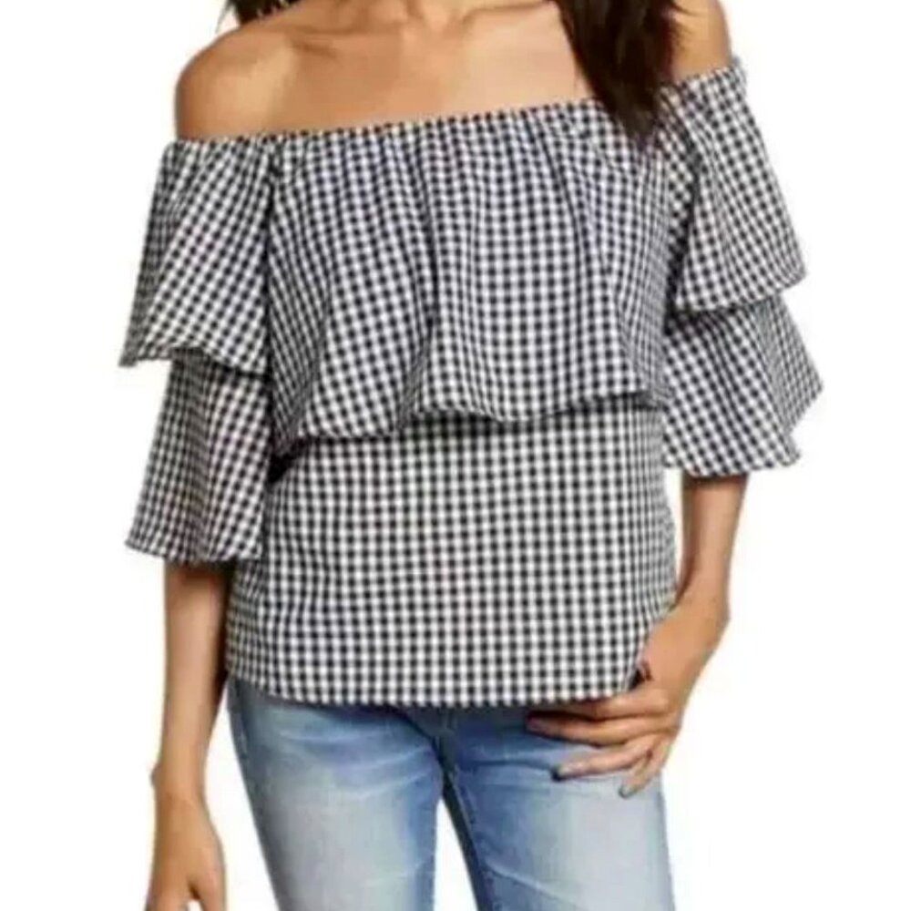 WAYF | Gingham “Gracie” Ruffled Off-The-Shoulder Blouse Top Black | Size Medium